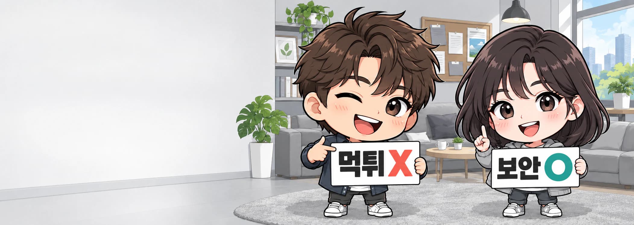 먹튀 X, 보안 O 안내판을 든 남녀 캐릭터
